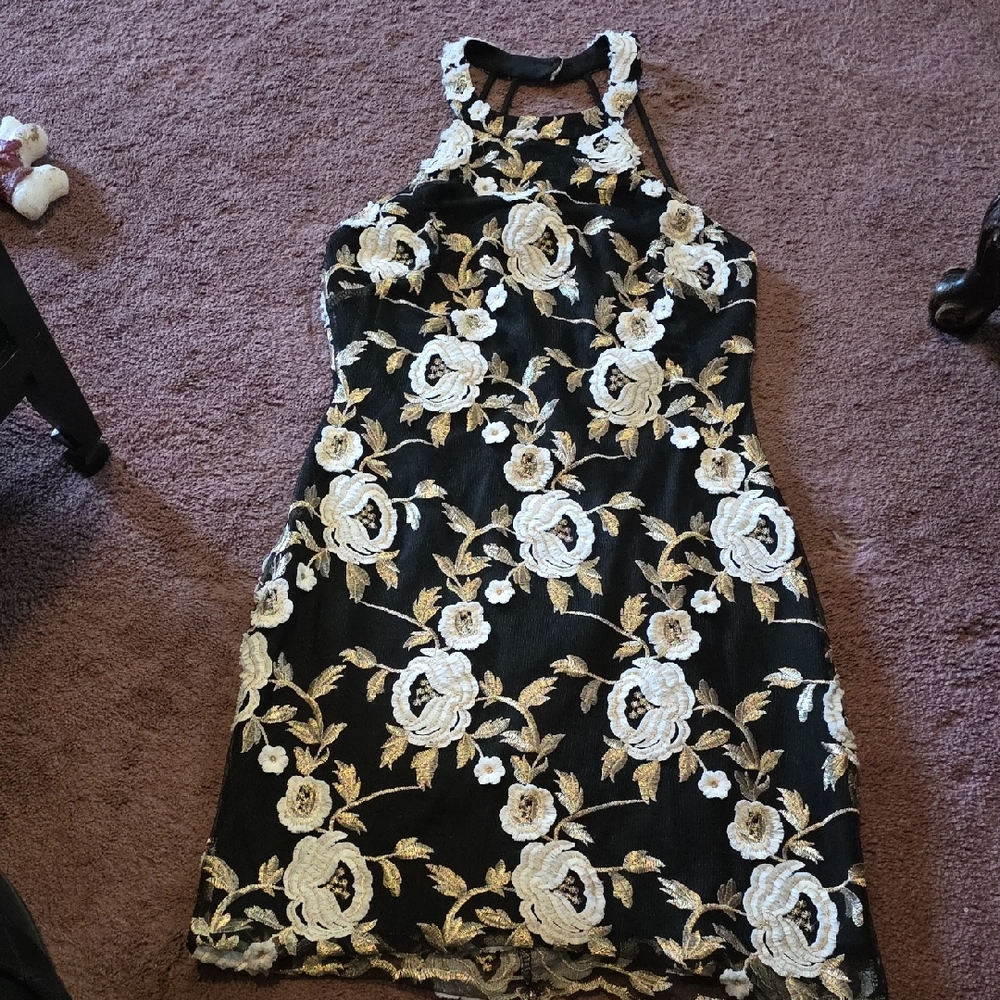 Elegant Black and Gold Floral Mini Dress